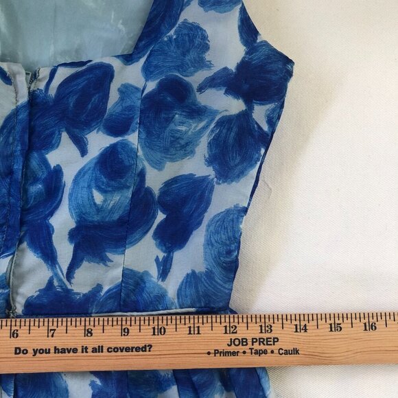 Vintage 60s Party Cocktail Sheath Dress Small Blue Floral Chiffon Swing Mad Men - Picture 12 of 13